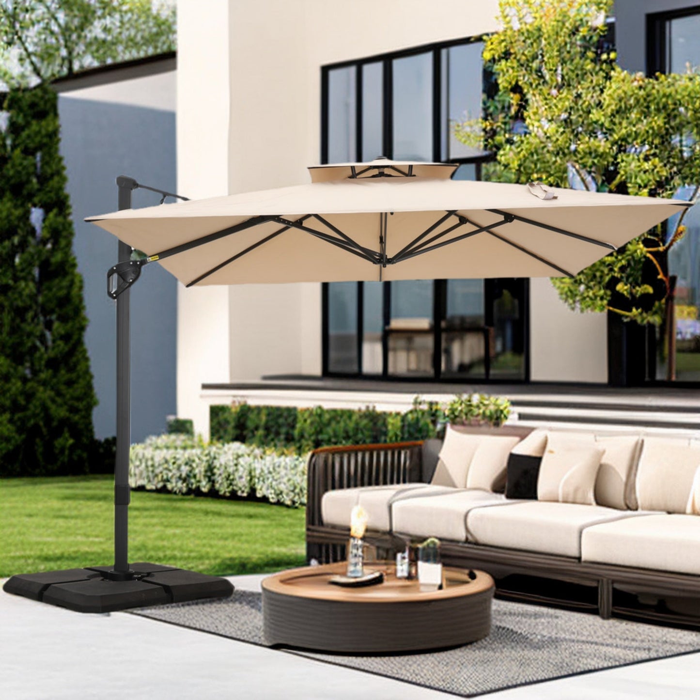 Alpha Joy 10x10ft Outdoor Patio Large Square Cantilever Double Umbrella with 360¡ãRotation, Beige