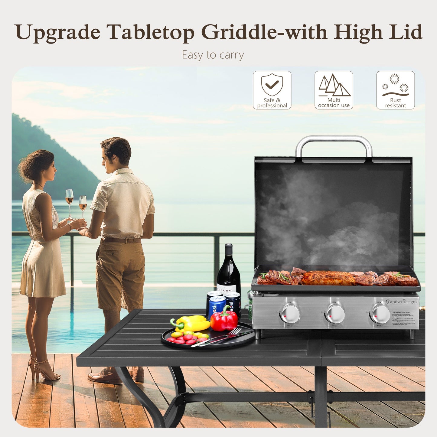 Alpha Joy 3-Burners Outdoor Gas Griddle Portable Flat Top Table Grill