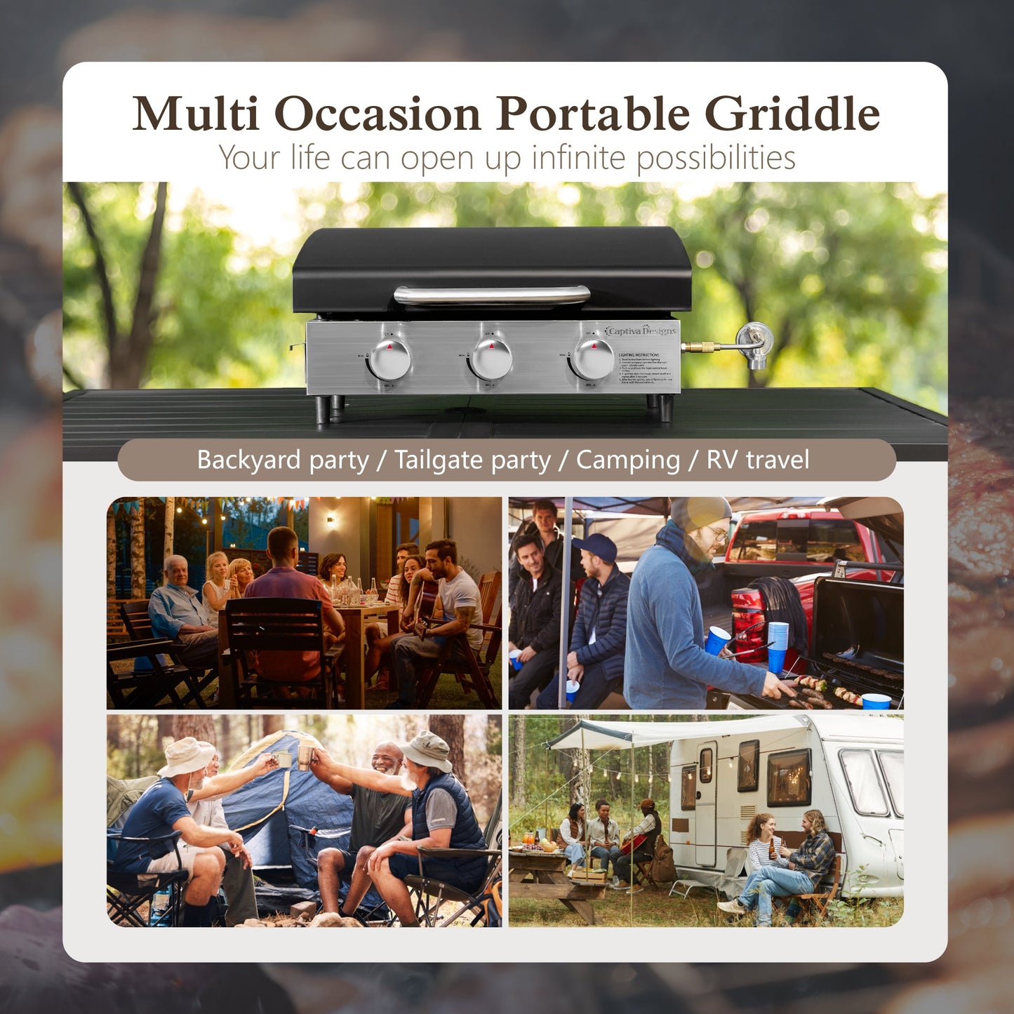 Alpha Joy 3-Burners Outdoor Gas Griddle Portable Flat Top Table Grill