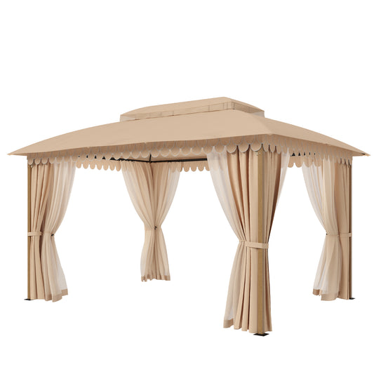 Alpha Joy 10'x13' Outdoor Gazebo Ventilated Double Roof Metal Gazebo with Mosquito Netting and Privacy Curtains for Patio, Backyard, Deck and Lawn, Beige