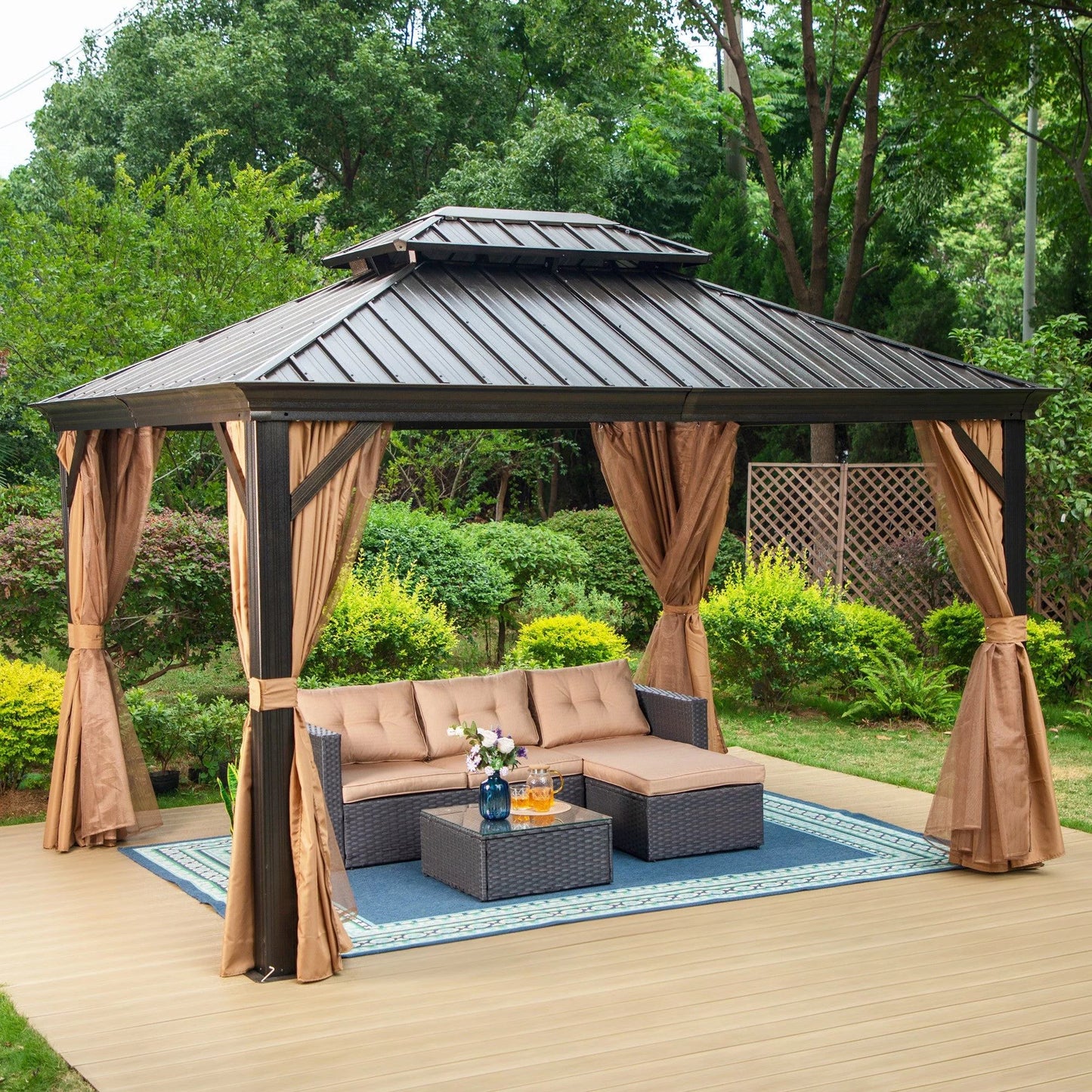 Sophia & William 10' x 12' Hardtop Dark Brown Aluminum Gazebo with Galvanized Steel Double Roof
