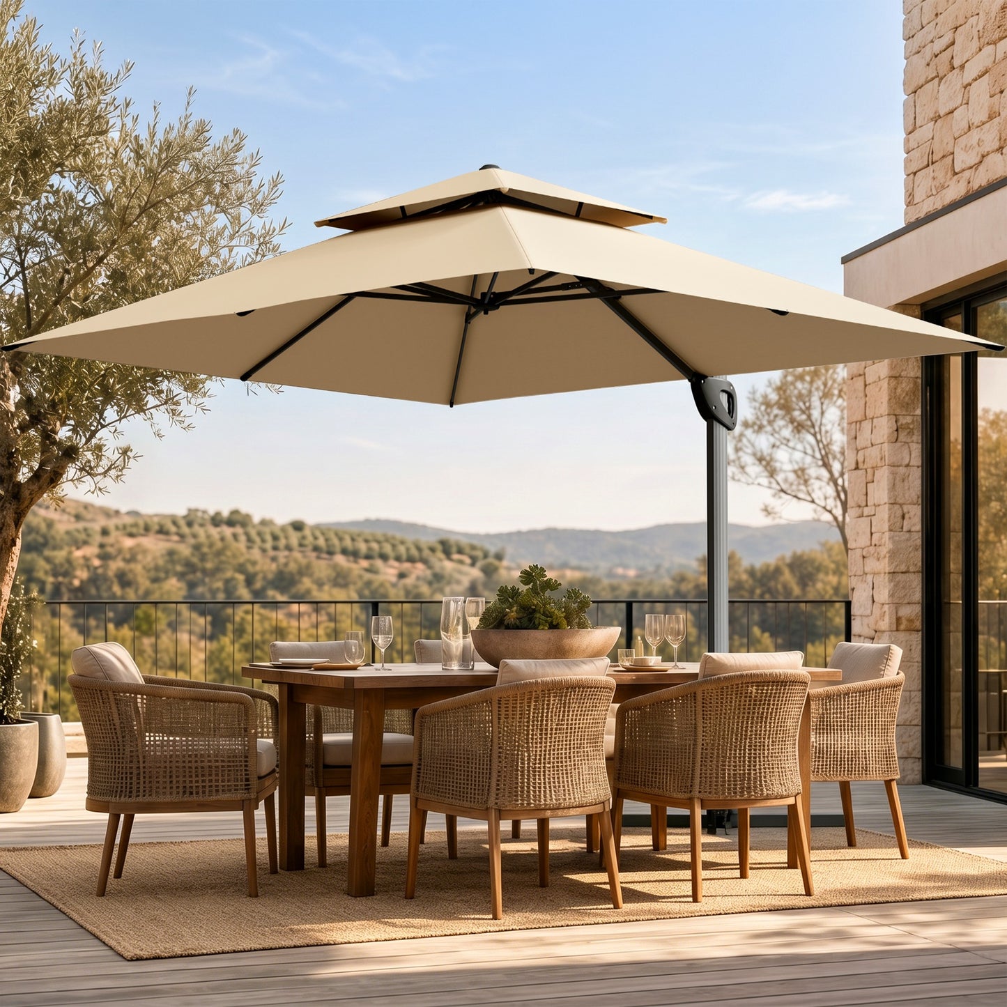 Alpha Joy 12x9ft Outdoor Patio Umbrella Large Rectangle Offset Cantilever Double Umbrella with 360¡ãRotation, Beige