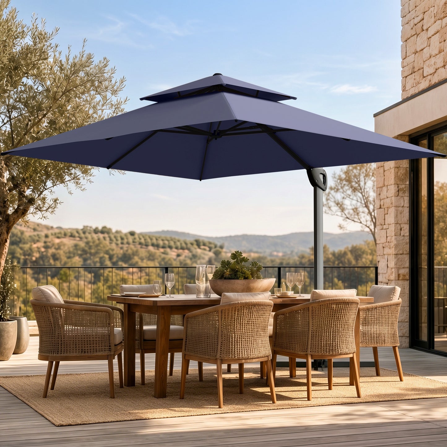 Alpha Joy 12x9ft Outdoor Patio Umbrella Large Rectangle Offset Cantilever Double Umbrella with 360¡ãRotation, Navy Blue