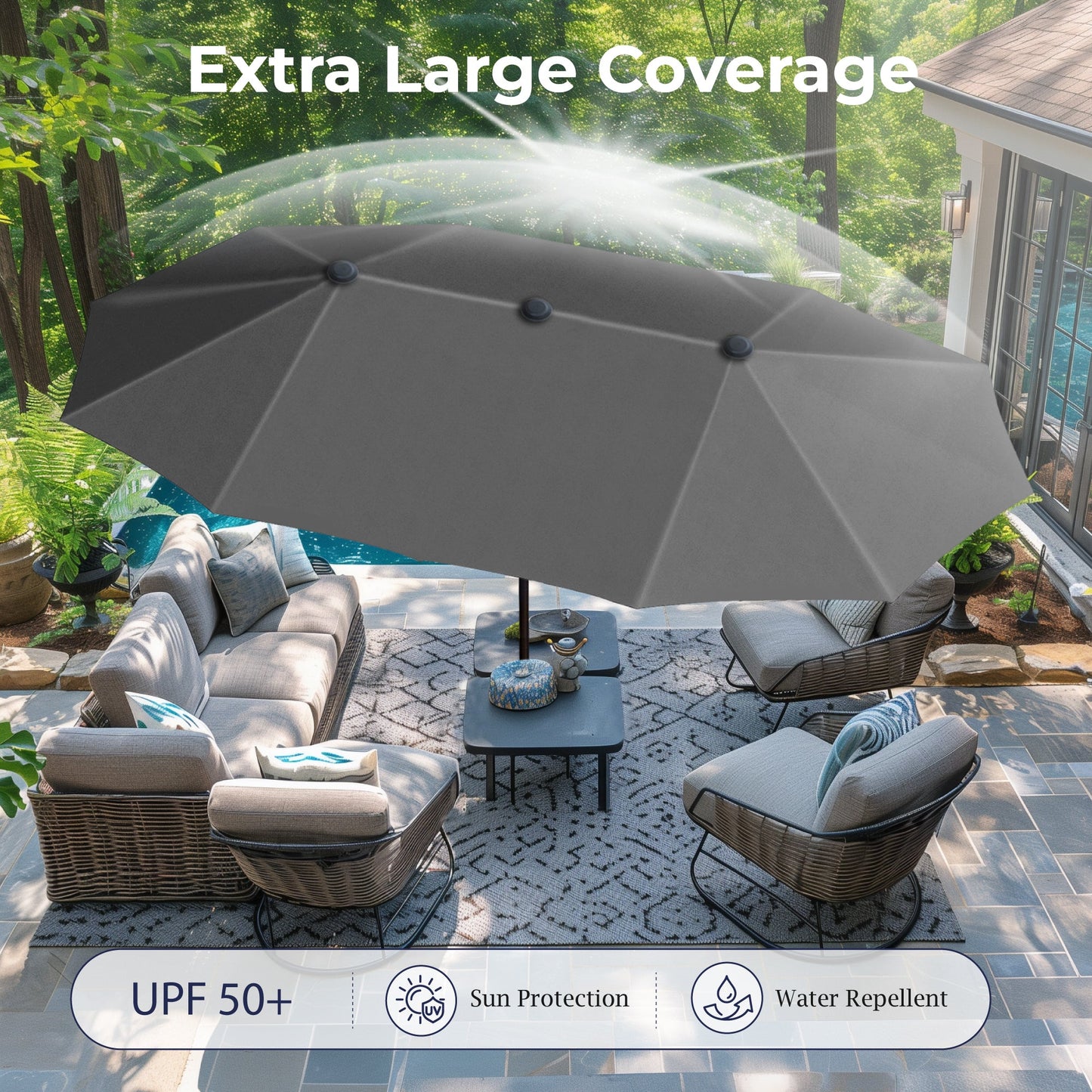 Sophia & William 8-Piece Outdoor Patio Dining Set with 13ft Gray Umbrella, Rectangle Table & Textilene Chairs Furniture Set for 6