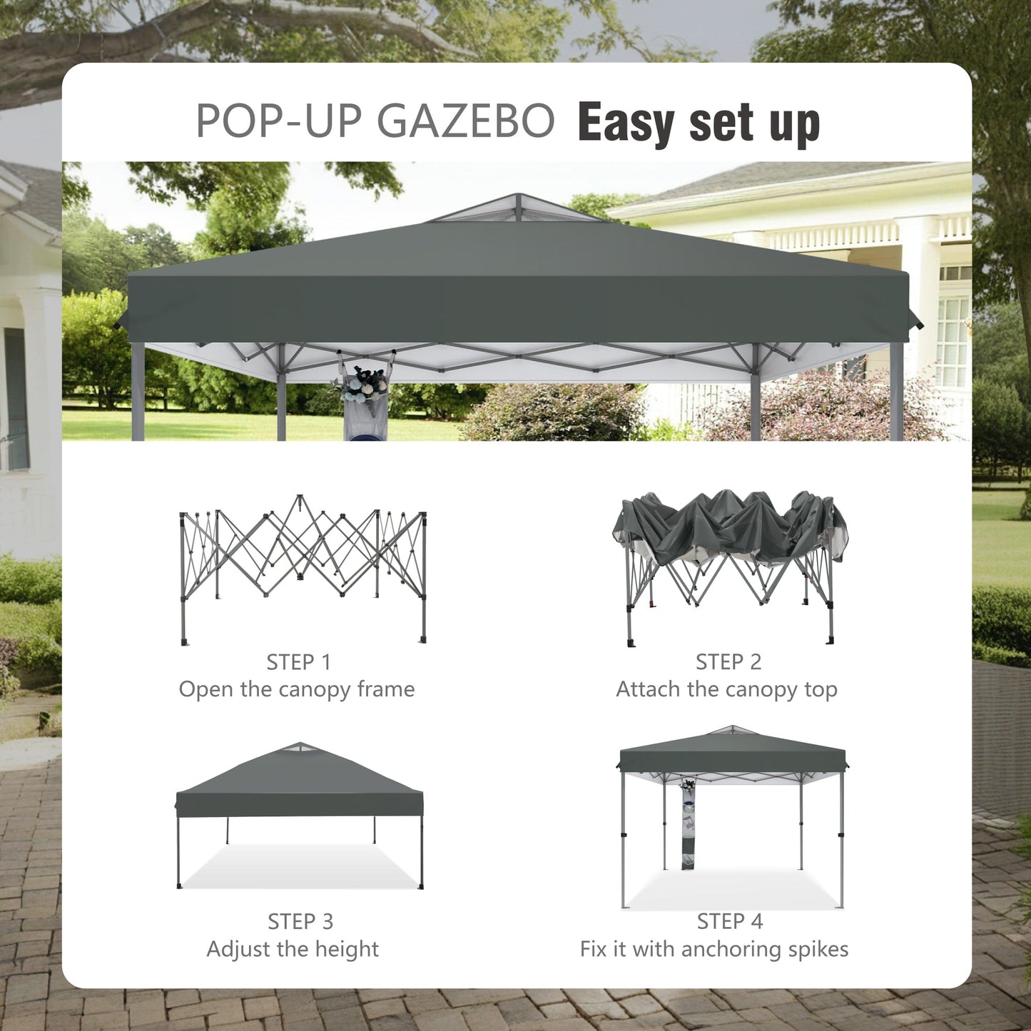 Alpha Joy 10x10ft Pop-up Canopy Instant Outdoor Canopy Tent Portable Straight Leg Shelter with Roller Bag for Outside, Gray