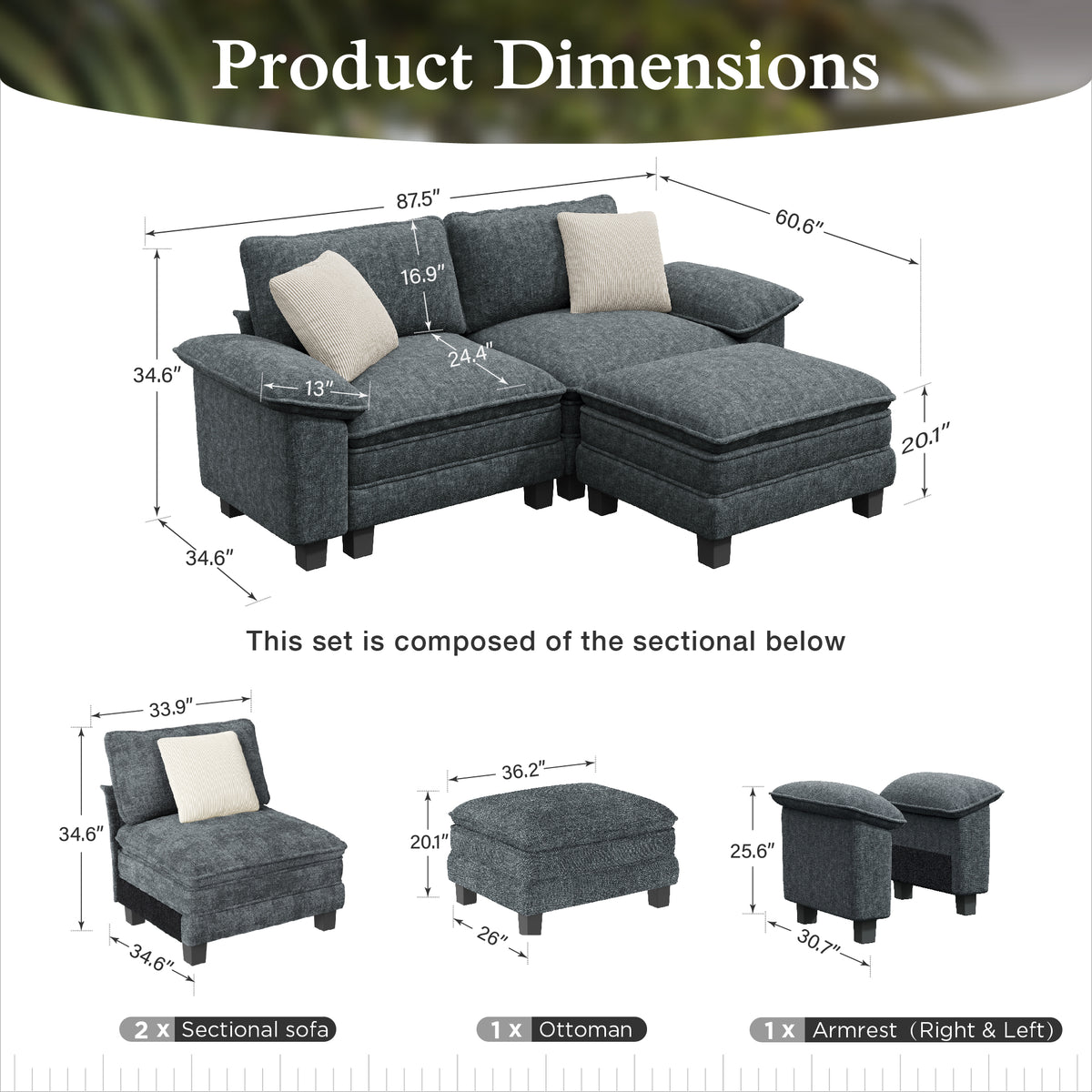 Sophia&William L-shaped Modular Sectional Sofa, 3-Seater Chenille Cloud Couch Sofa Set with Deep Seat & 2 Pillows & Ottoman for Living Room, Apartment, Blue