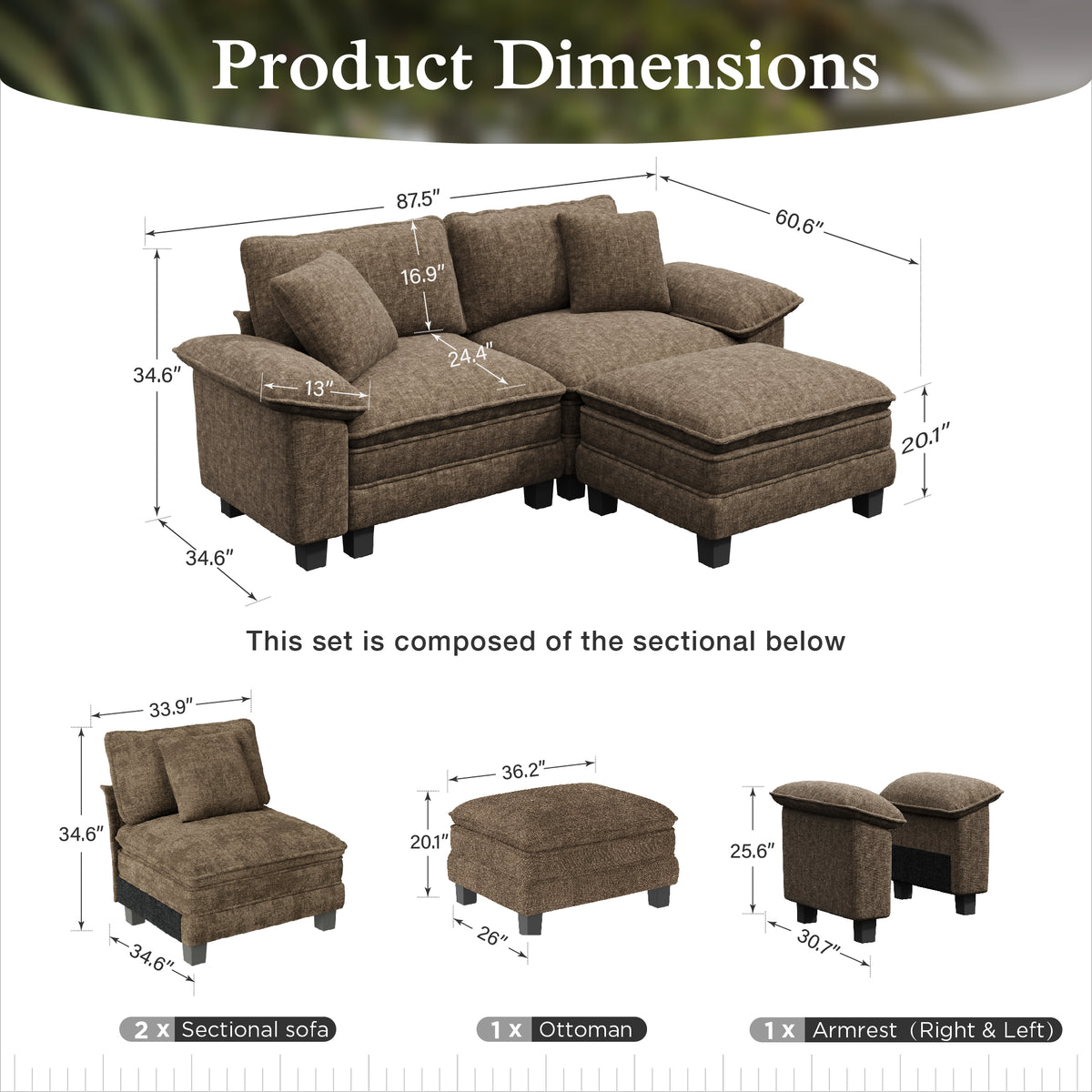 Sophia&William L-shaped Modular Sectional Sofa, 3-Seater Chenille Cloud Couch Sofa Set with Deep Seat & 2 Pillows & Ottoman for Living Room, Apartment, Grayish Brown