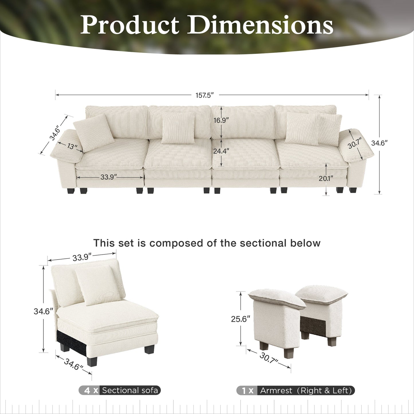 Sophia&William 157.5"L Convertible Sectional Sofa Couch, 4-Seat Modern Chenille Cloud Couch Deep Seat with Corduroy Frame & 4 Pillows for Living Room, Apartment, White