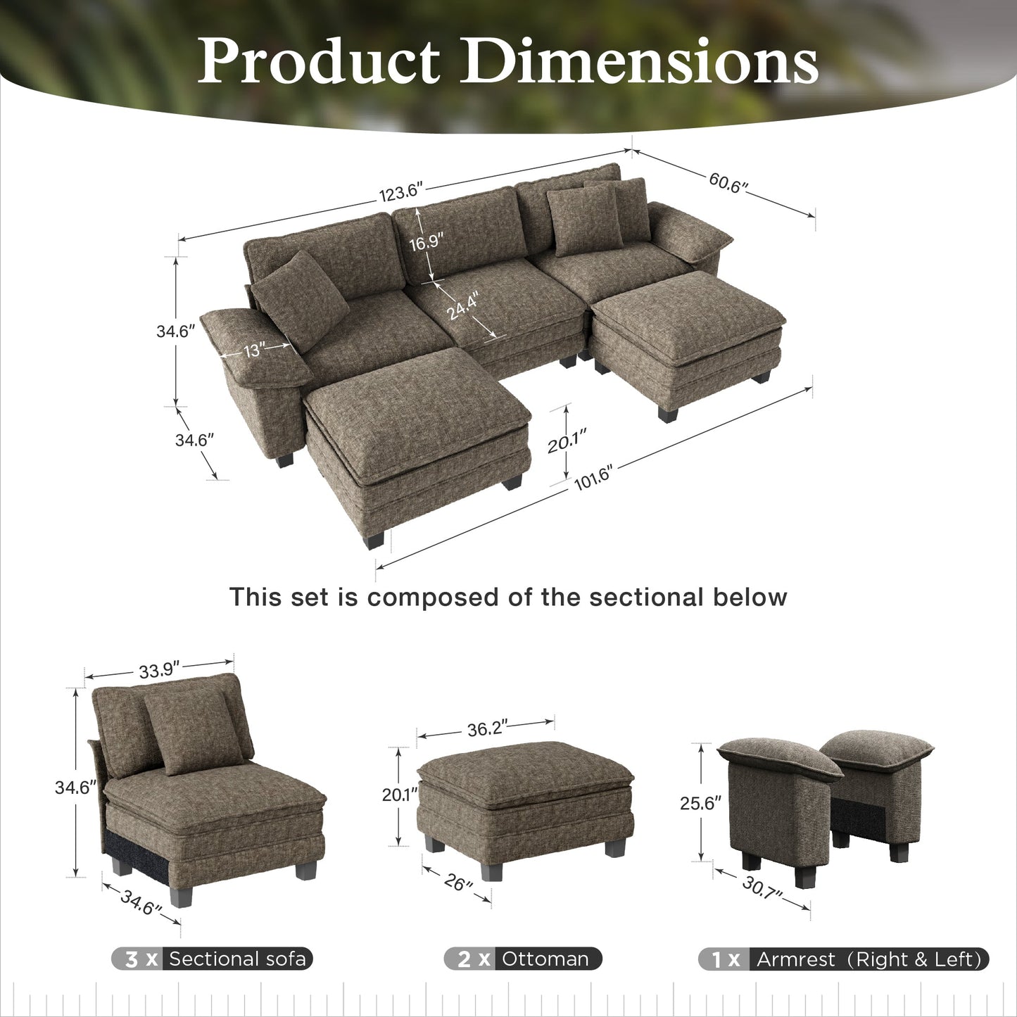 Sophia&William U-shpaed Convertible Sectional Sofa Couch, 5-Seat Modern Chenille Cloud Couch Deep Seat with Corduroy Frame & 3 Pillows for Living Room, Apartment, Ash Gray