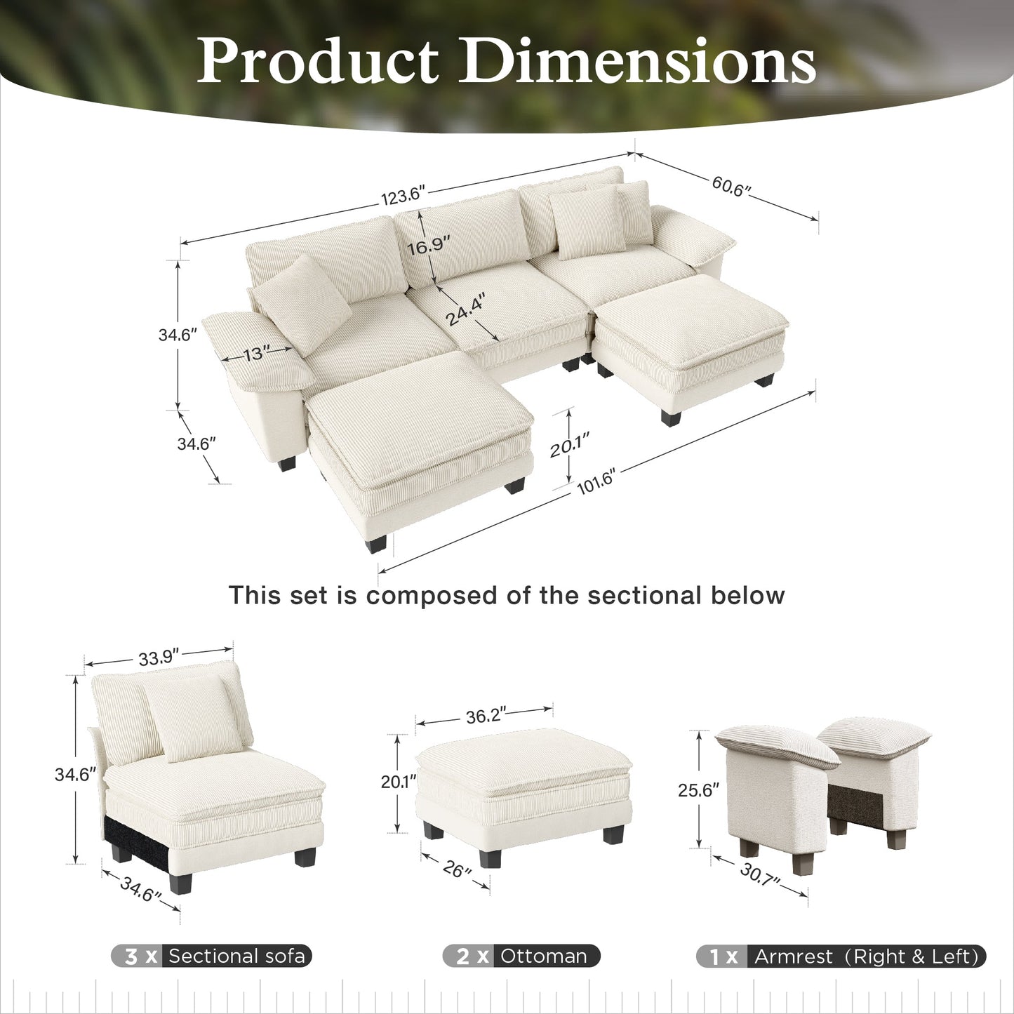 Sophia&William U-shpaed Convertible Sectional Sofa Couch, 5-Seat Modern Chenille Cloud Couch Deep Seat with Corduroy Frame & 3 Pillows for Living Room, Apartment, White