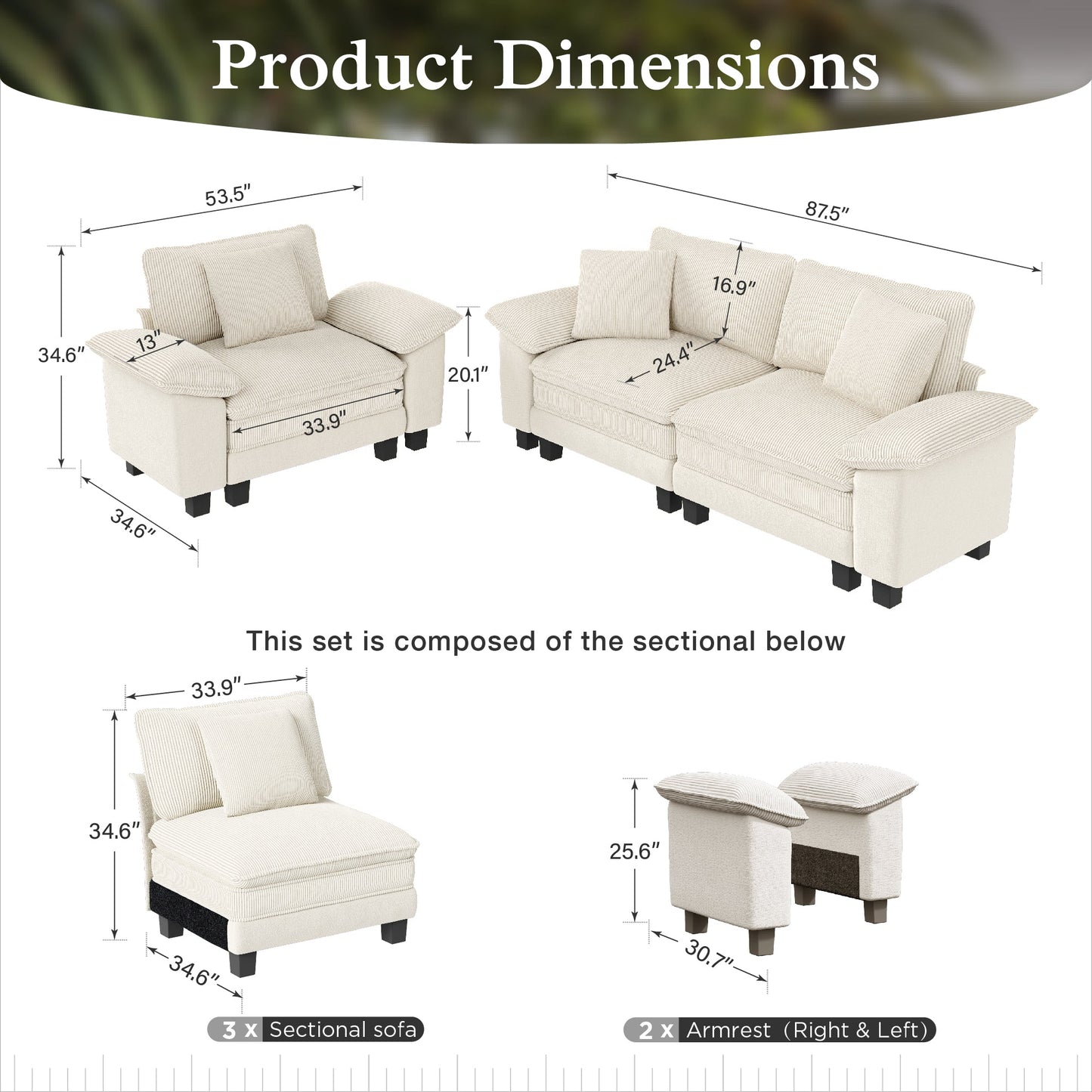 Sophia&William 3-Seat Convertible Sectional Sofa Couch, Modern Chenille Cloud Couch Deep Seat with Corduroy Frame & 3 Pillows for Living Room, Apartment, White