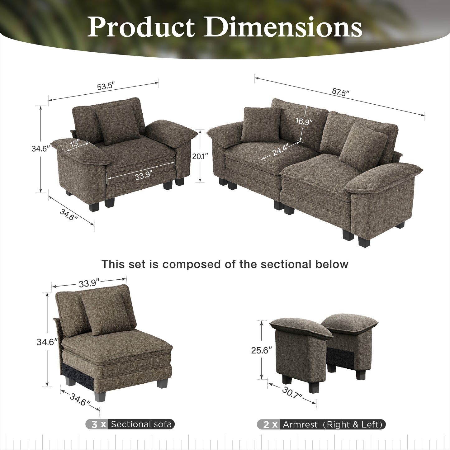 Sophia&William 3-Seat Modular Sectional Sofa Sets, Modern Chenille Cloud Couch Deep Seat with Corduroy Frame & 3 Pillows for Living Room, Apartment, Ash Gray