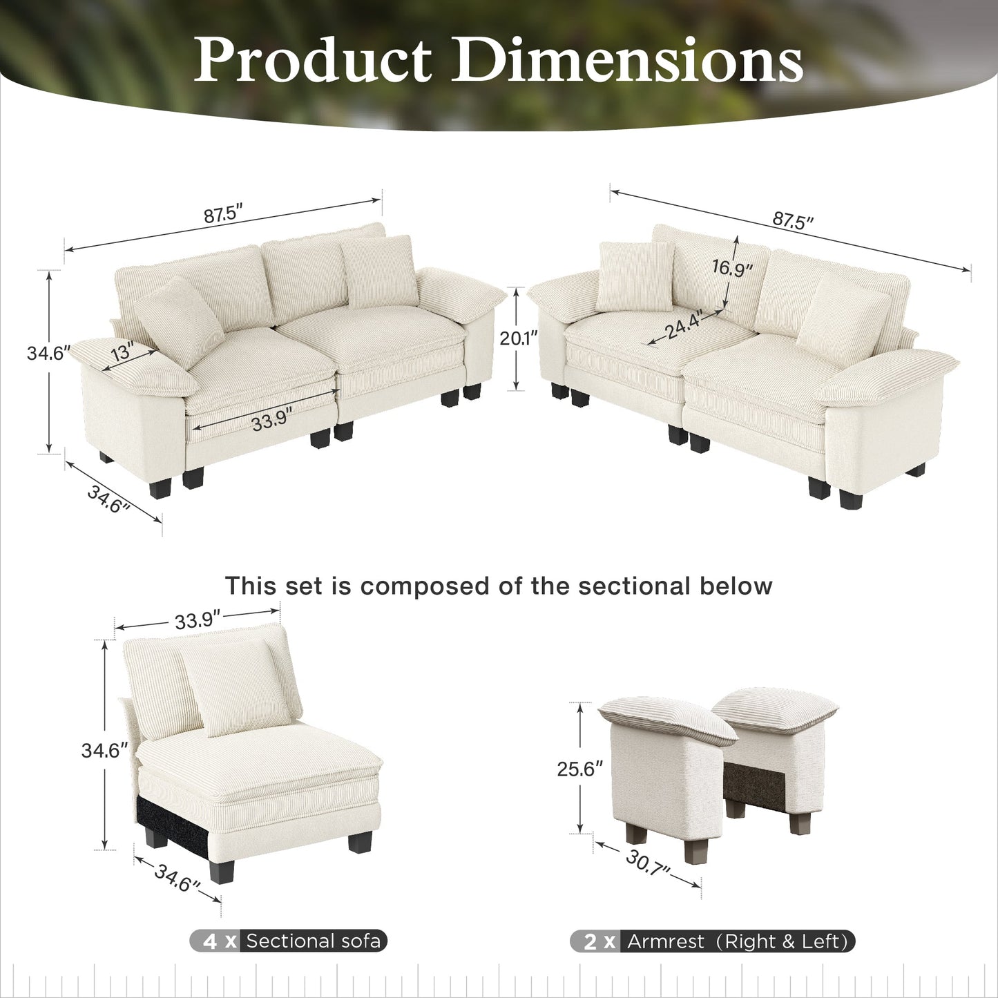 Sophia&William 4-Seat Convertible Sectional Sofa Couch, Modern Chenille Cloud Couch Sofa Modular with Corduroy Frame & 4 Pillows for Living Room, Apartment, White