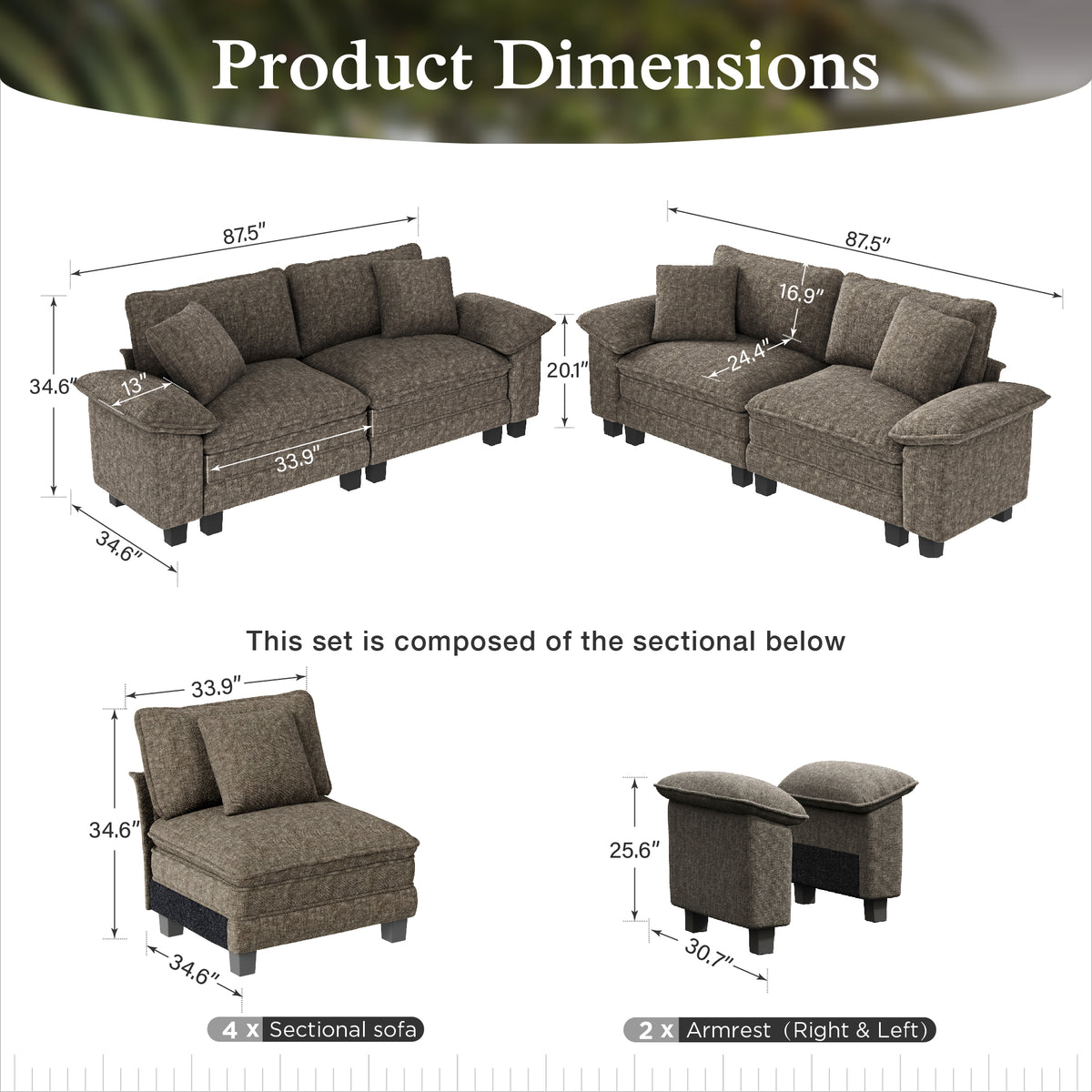 Sophia&William Modular Sectional Sofa Sets, Modern Chenille Cloud Couch Sofa Set 4-Seater Oversized Sectional Sofa with 4 Pillows for Living Room,Ash Gray