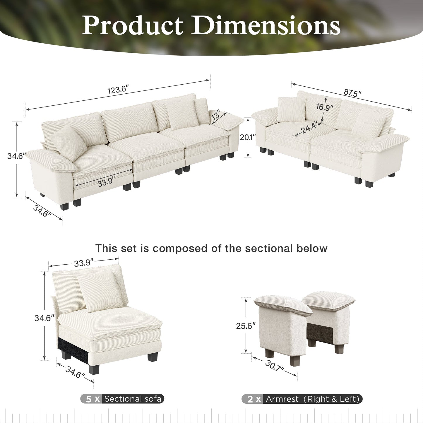 Sophia&William L-shpaed Convertible Sectional Sofa Couch, 5-Seat Modern Chenille Cloud Couch Deep Seat with Corduroy Frame & 5 Pillows for Living Room, Apartment, White