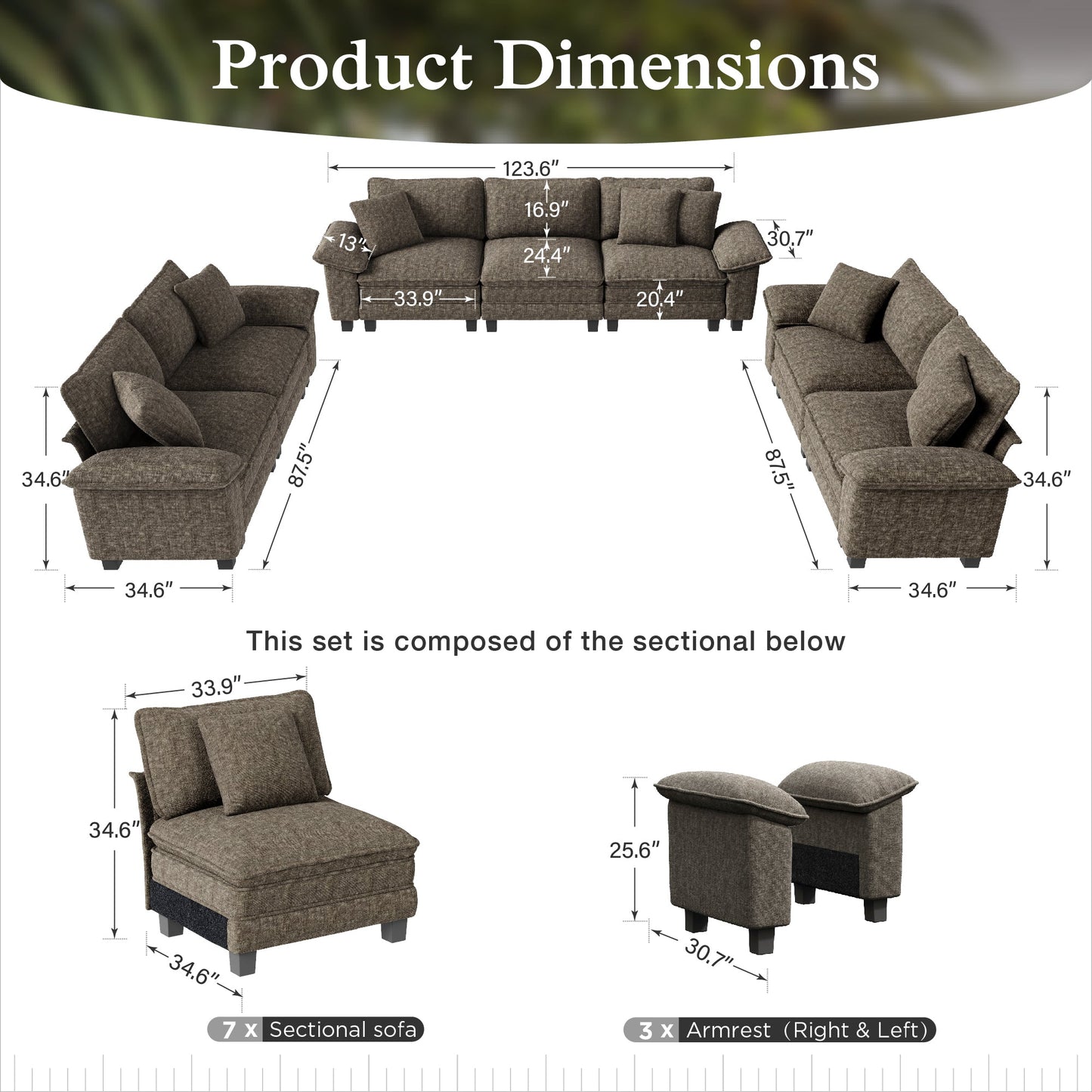 Sophia&William 123.6"L Modular Chenille Sectional Sofa Couch, 7-Seat Modern U-Shaped Cloud Couch Convertible Sofa with 7 Pillows for Living Room,Ash Gray