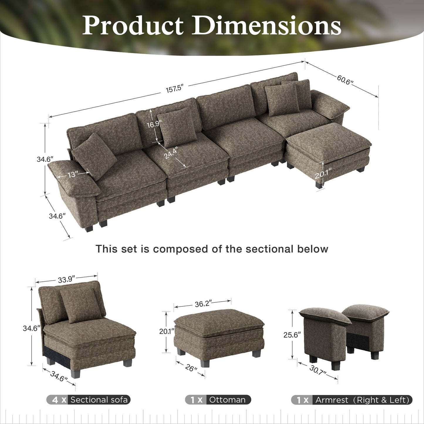 Sophia&William 157.5"L Modular Sectional Sofa Couch, Modern Chenille Couch 5-Seat Convertible Sofa with 4 Pillows & Ottoman for Living Room,Ash Gray