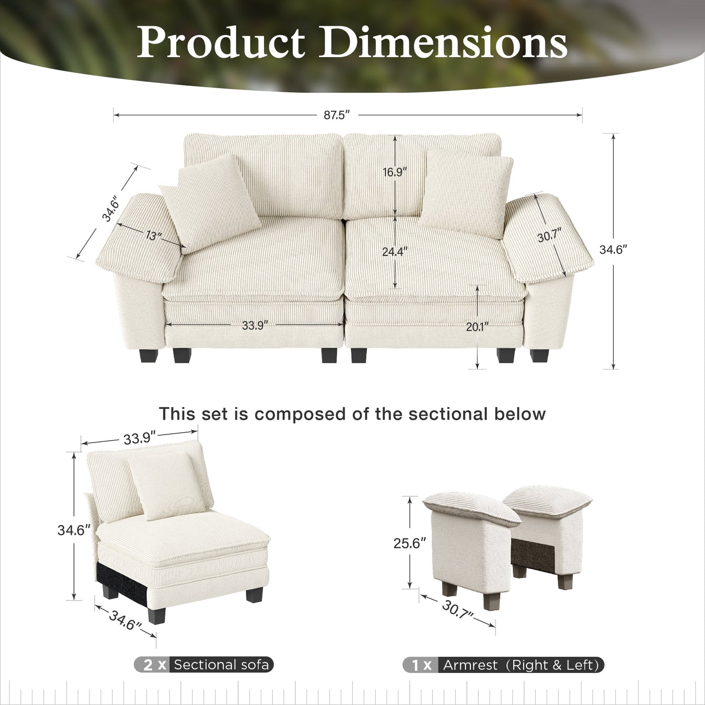 Sophia&William 87.5"L Convertible Sectional Sofa Couch, Modern Chenille 2-Seat Couch Sofa in Corduroy Frame Loveseat with 2 Pillows for Living Room,White