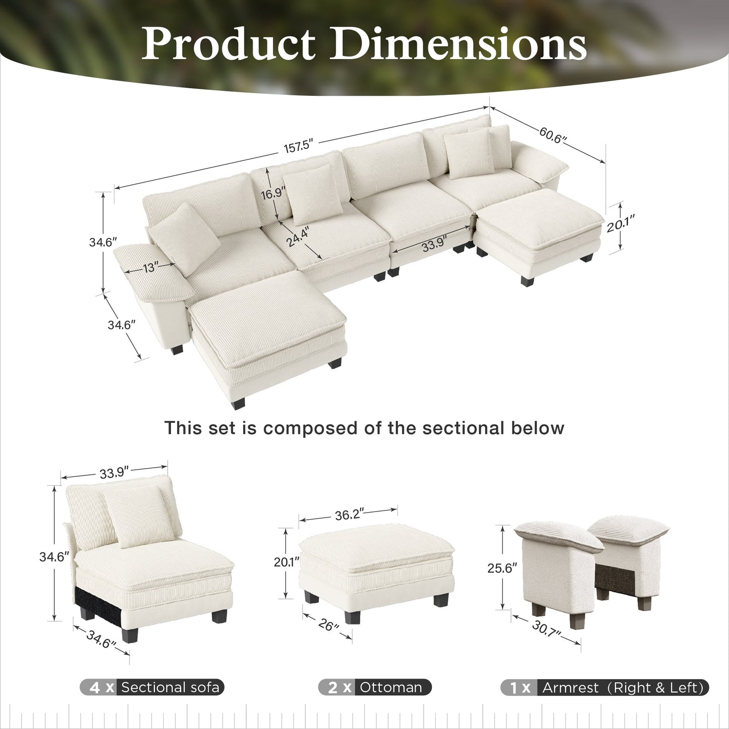 Sophia&William 157.5"L Convertible Sectional Sofa Couch, Modern Chenille 6-Seat Sofa in Corduroy Frame with 4 Pillows & 2 Ottomans for Living Room,White
