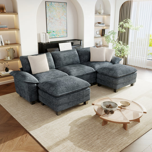 Sophia&William U-Shaped Modular Sectional Sofa Sets for Living Room, Modern 5-Seat Chenille Cloud Couch Oversized Sectional with 3 Throw Pillows & 2 Ottomans, Blue