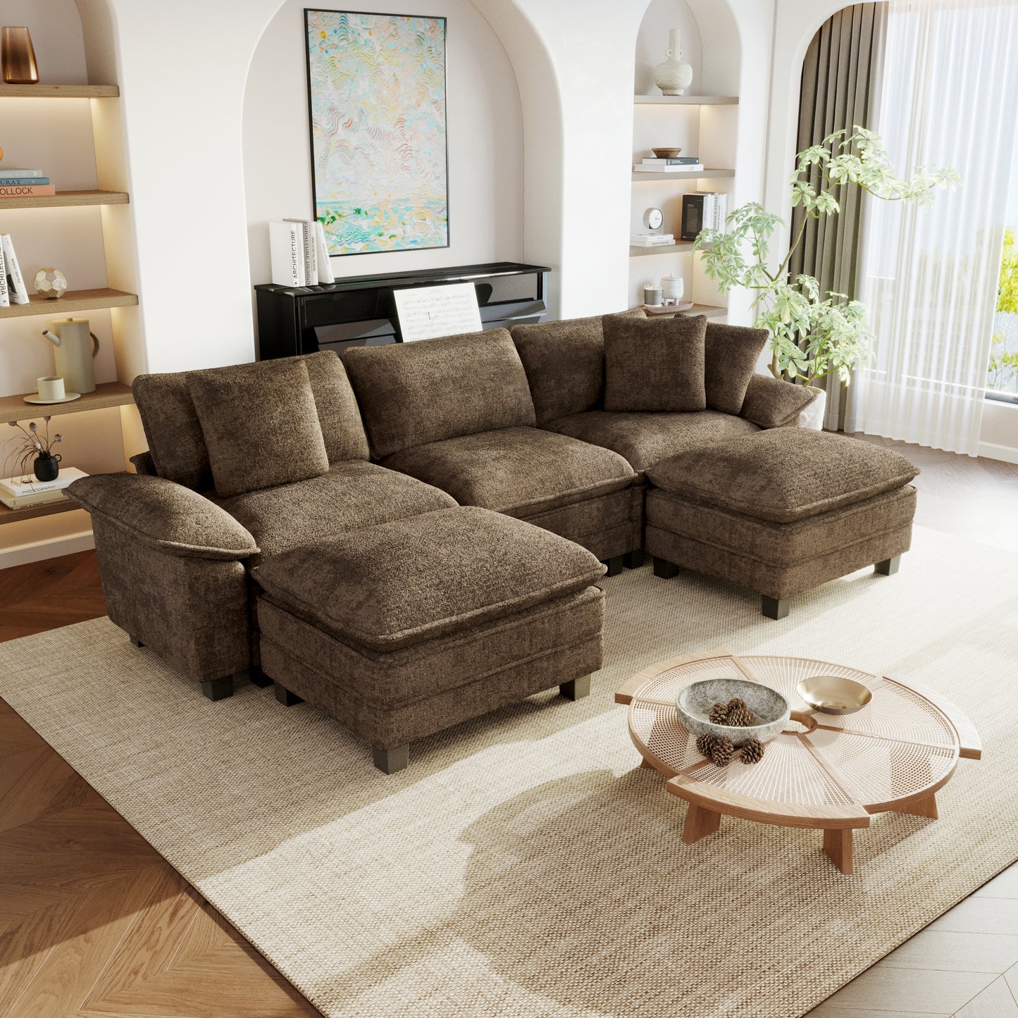 Sophia&William U-Shaped Modular Sectional Sofa Sets for Living Room, Modern 5-Seat Chenille Cloud Couch Oversized Sectional with 3 Throw Pillows & 2 Ottomans, Taupe