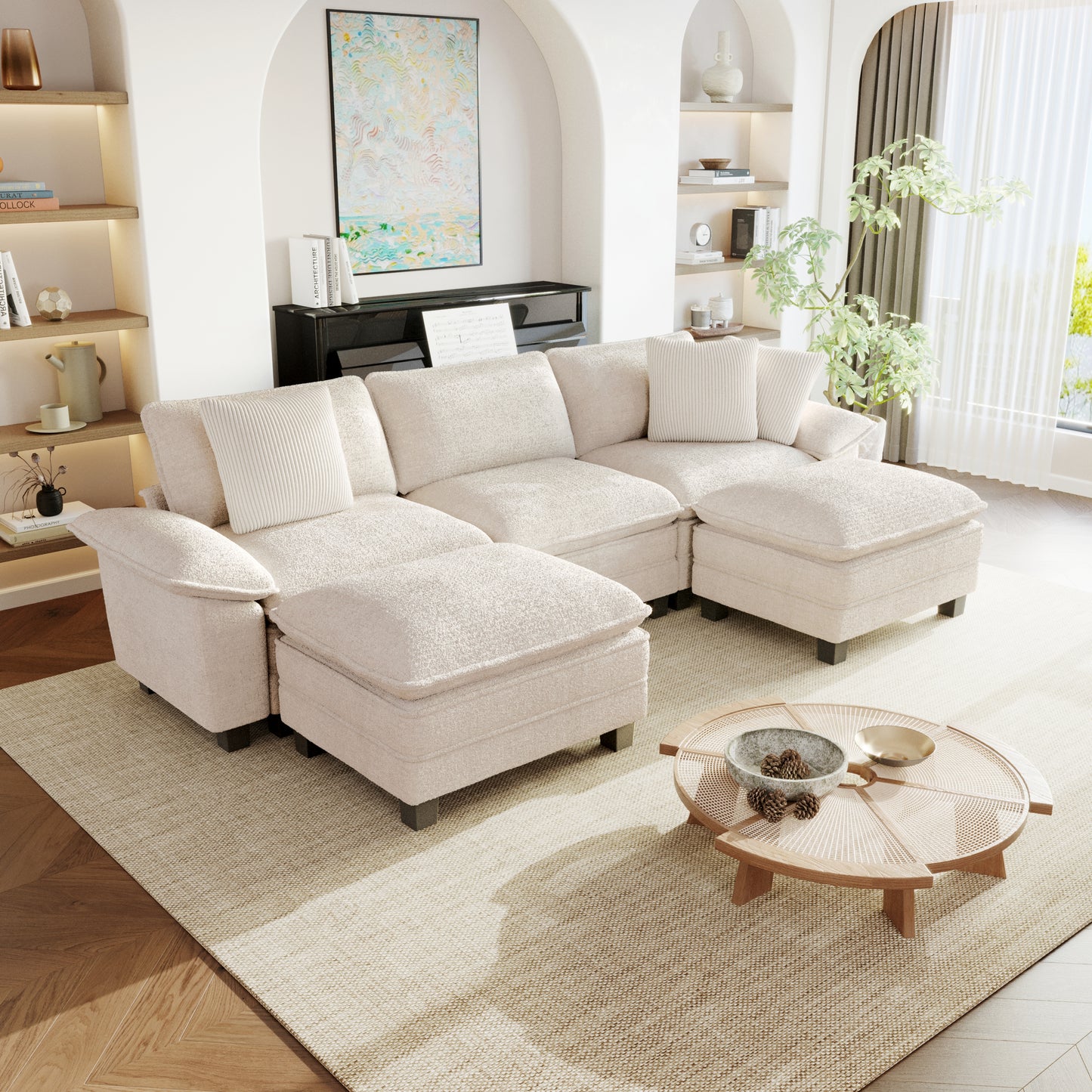 Sophia&William U-Shaped Modular Sectional Sofa Sets for Living Room, Modern 5-Seat Chenille Cloud Couch Oversized Sectional with 3 Throw Pillows & 2 Ottomans, White