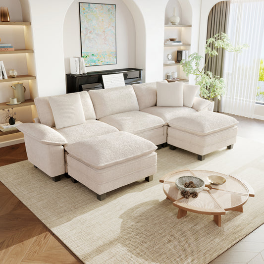 Sophia&William U-Shaped Modular Sectional Sofa Sets for Living Room, Modern 5-Seat Chenille Cloud Couch Oversized Sectional with 3 Throw Pillows & 2 Ottomans, White
