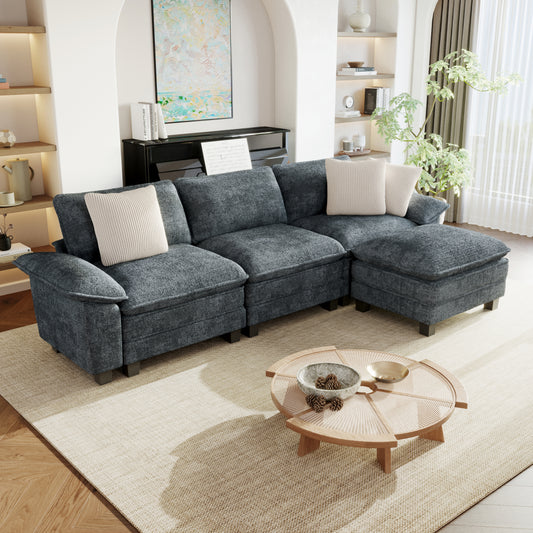 Sophia&William 123.6"L Modular Sectional Sofa Sets, Modern Chenille Couch 4-Seat Deep Sofa Modular 3 Pillows & Ottomans for Living Room,Blue