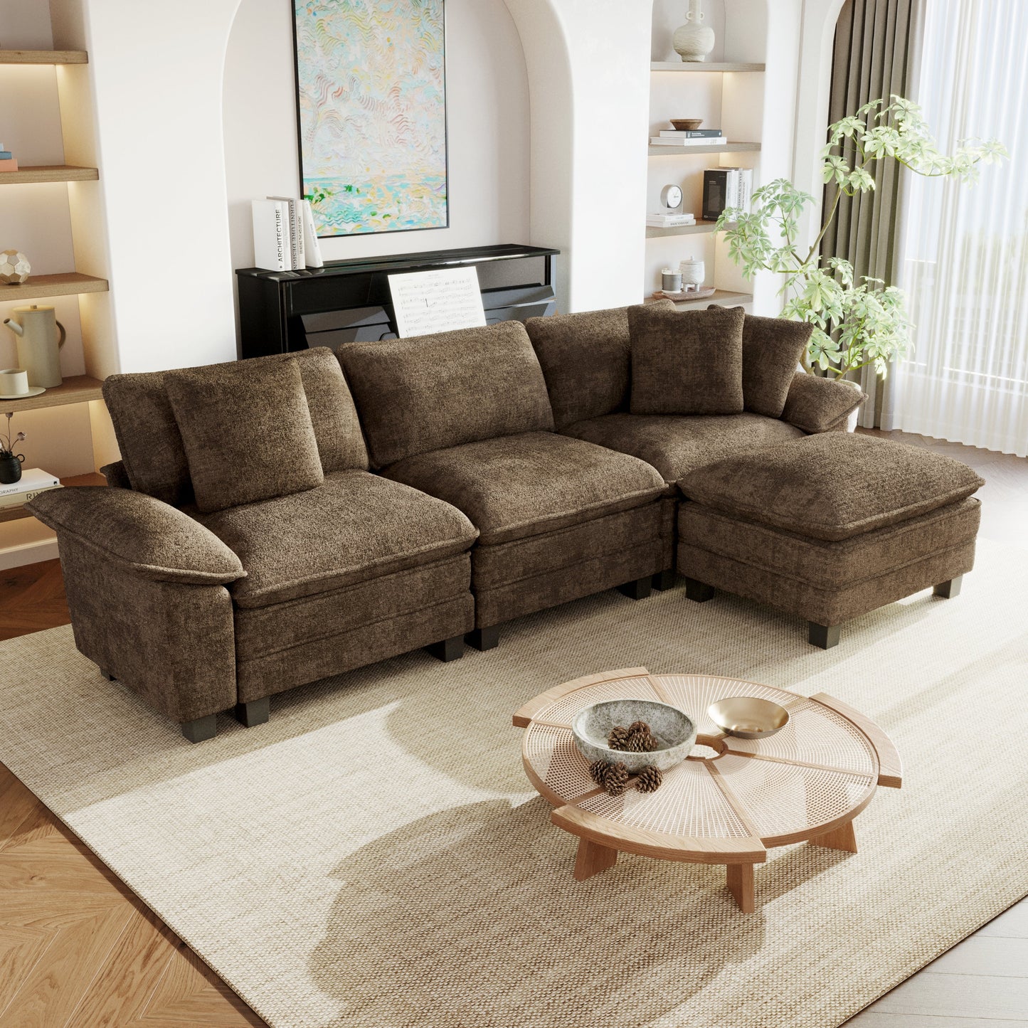 Sophia&William 123.6"L Convertible Sectional Sofa Couch, Modern Chenille Couch 3-Seat Modular Sectional Sofa  for Living Room,Brown