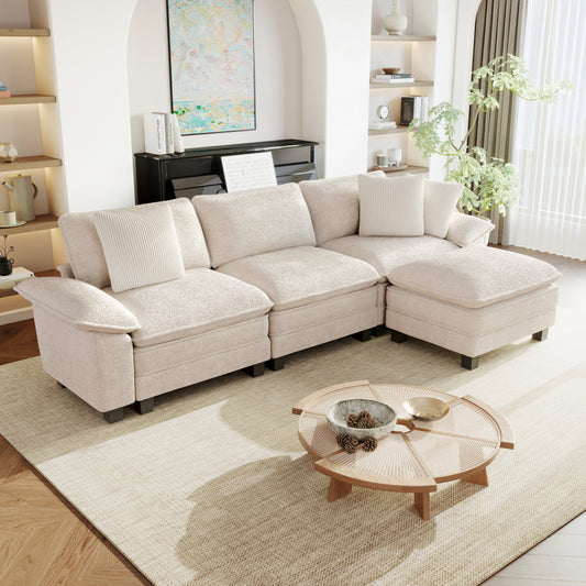 Sophia&William 123.6"L Convertible Sectional Sofa Couch, Modern Chenille Couch 4-Seat Modular Sectional Sofa  for Living Room,White