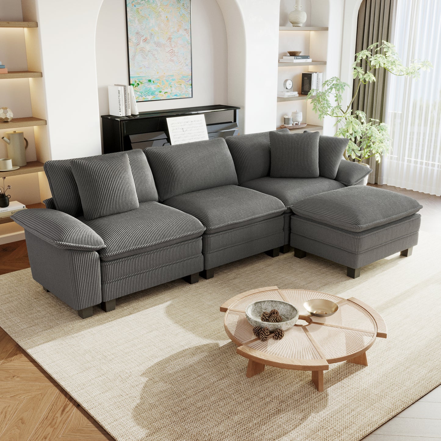 Sophia&William 123.6"L Modular Sectional Sofa Sets, Modern Corduroy Couch 4-Seat Modular Oversized Cloud Sofa with Throw Pillows for Living Room,Gray