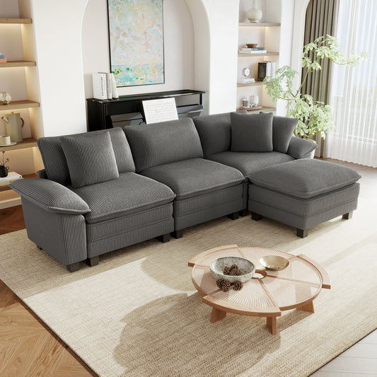 Sophia&William 123.6"L Modular Sectional Sofa Sets, Oversized Corduroy Cloud Couch 4-Seat Modular Sofa with Throw Pillows for Living Room,Gray
