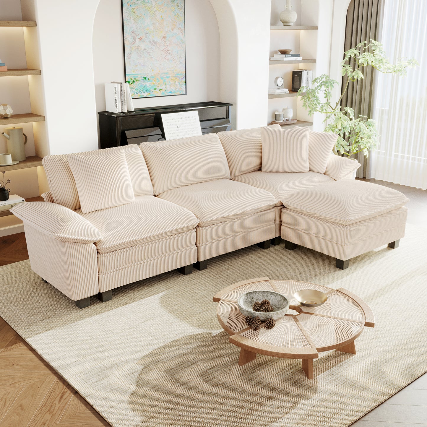 Sophia&William 123.6"L Modular Sectional Sofa Sets, Modern Chenille Cloud Couch 4-Seat Oversized Sofa with 3 Pillows & Ottomans for Living Room,Beige