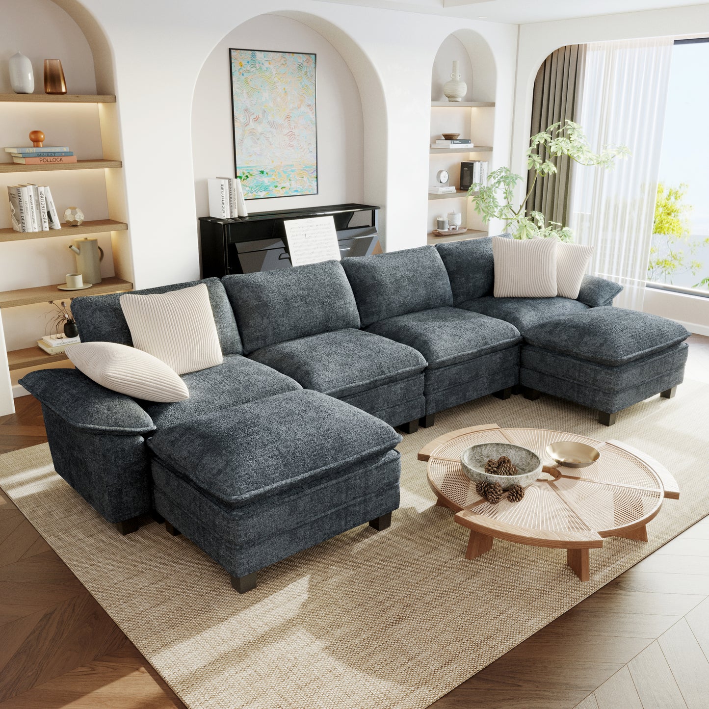 Sophia&William 157.5"L Modular Sectional Sofa Sets, Modern Chenille Couch 6-Seat Cloud Sofa with 4 Pillows & 2 Ottomans for Living Room,Blue