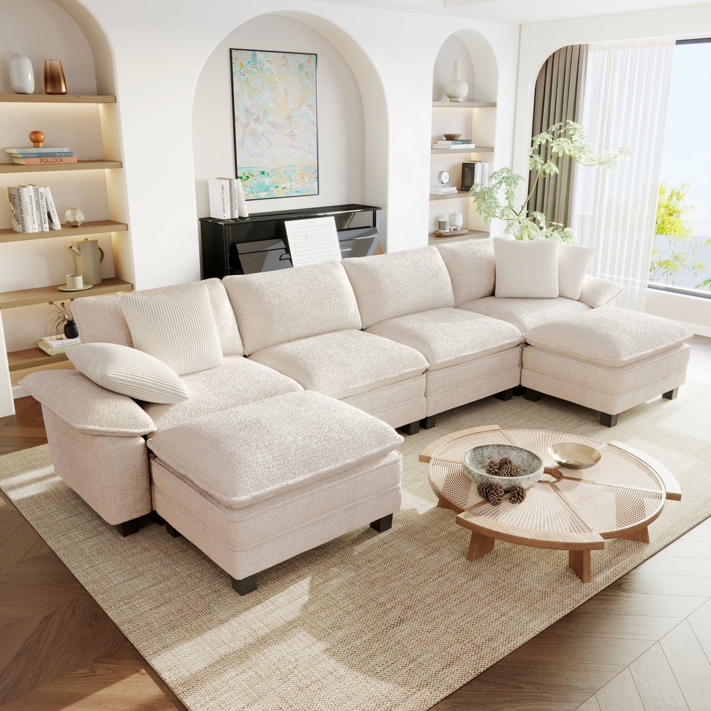 Sophia&William 157.5"L Modular Sectional Sofa Sets, Modern Chenille Couch 6-Seat Cloud Sofa with 4 Pillows & 2 Ottomans for Living Room,White