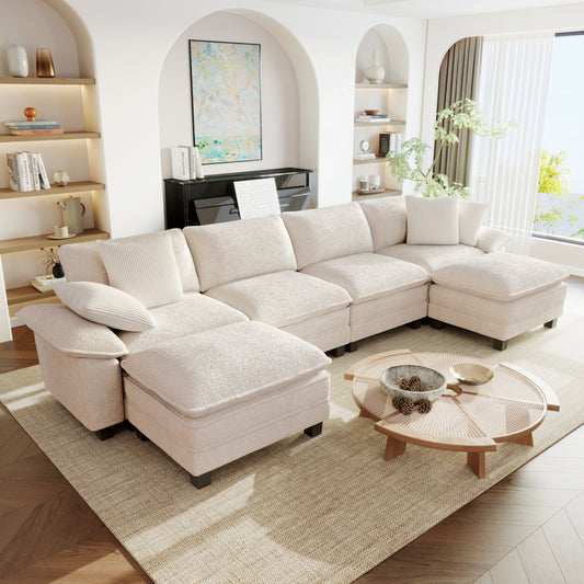 Sophia&William 157.5"L Modular Sectional Sofa Sets, 6-Seat Oversized Chenille Cloud Couch Sofa with Deep Seat & 4 Pillows & 2 Ottomans for Living Room,White