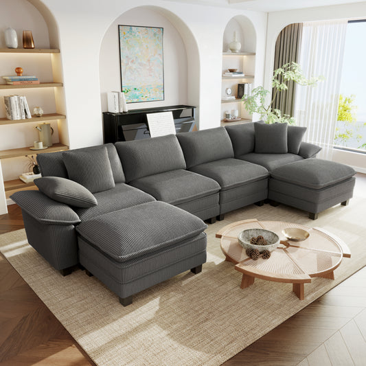 Sophia&William 157.5"L Modular Sectional Sofa Sets, Modern 6-Seat U-Shaped Corduroy Couch Sofa with Deep Seat & Throw Pillows for Living Room,Gray