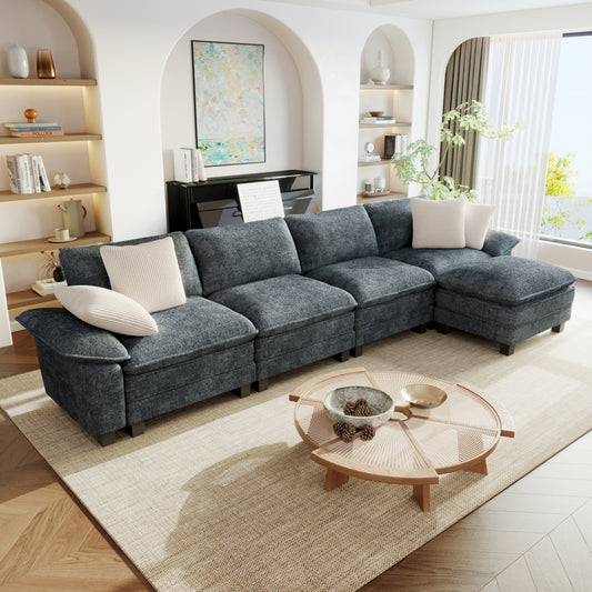 Sophia&William 157.5"L Modular Sectional Sofa Sets, Modern Chenille Cloud Couch 5-Seat Convertible Deep Sofa with 4 Pillows & 2 Ottomans for Living Room,Blue