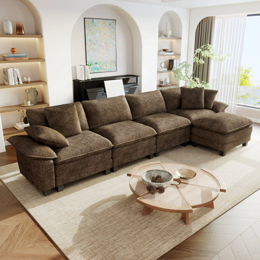 Sophia&William 157.5"L Modular Sectional Sofa Couch, Modern Chenille Couch 5-Seat Convertible Sofa with Ottoman for Living Room,Brown