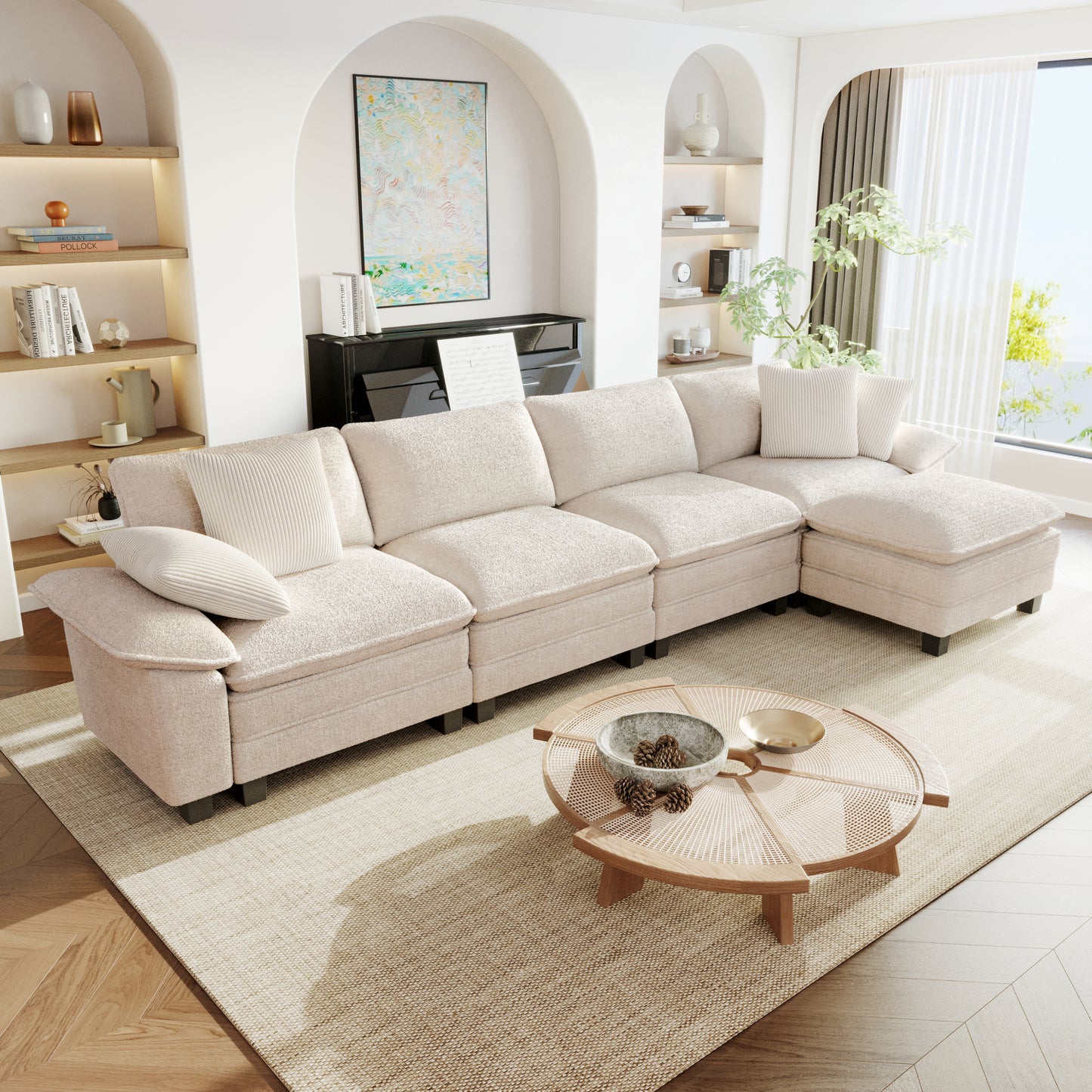 Sophia&William 157.5"L Modular Sectional Sofa Sets, Modern Chenille Couch 5-Seat Convertible Sofa with 4 Pillows & 2 Ottomans for Living Room,White