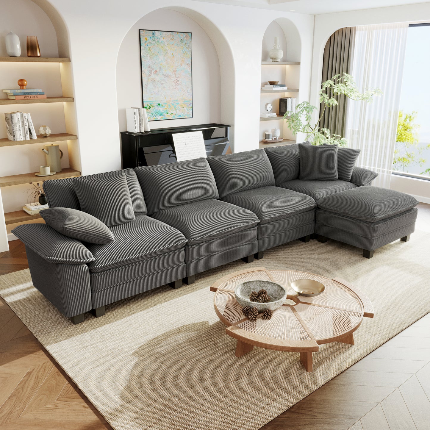 Sophia&William 157.5"L Modular Sectional Sofa Sets, Modern Corduroy Couch 5-Seat Convertible Cloud Sofa with Throw Pillows & Ottoman for Living Room,Gray