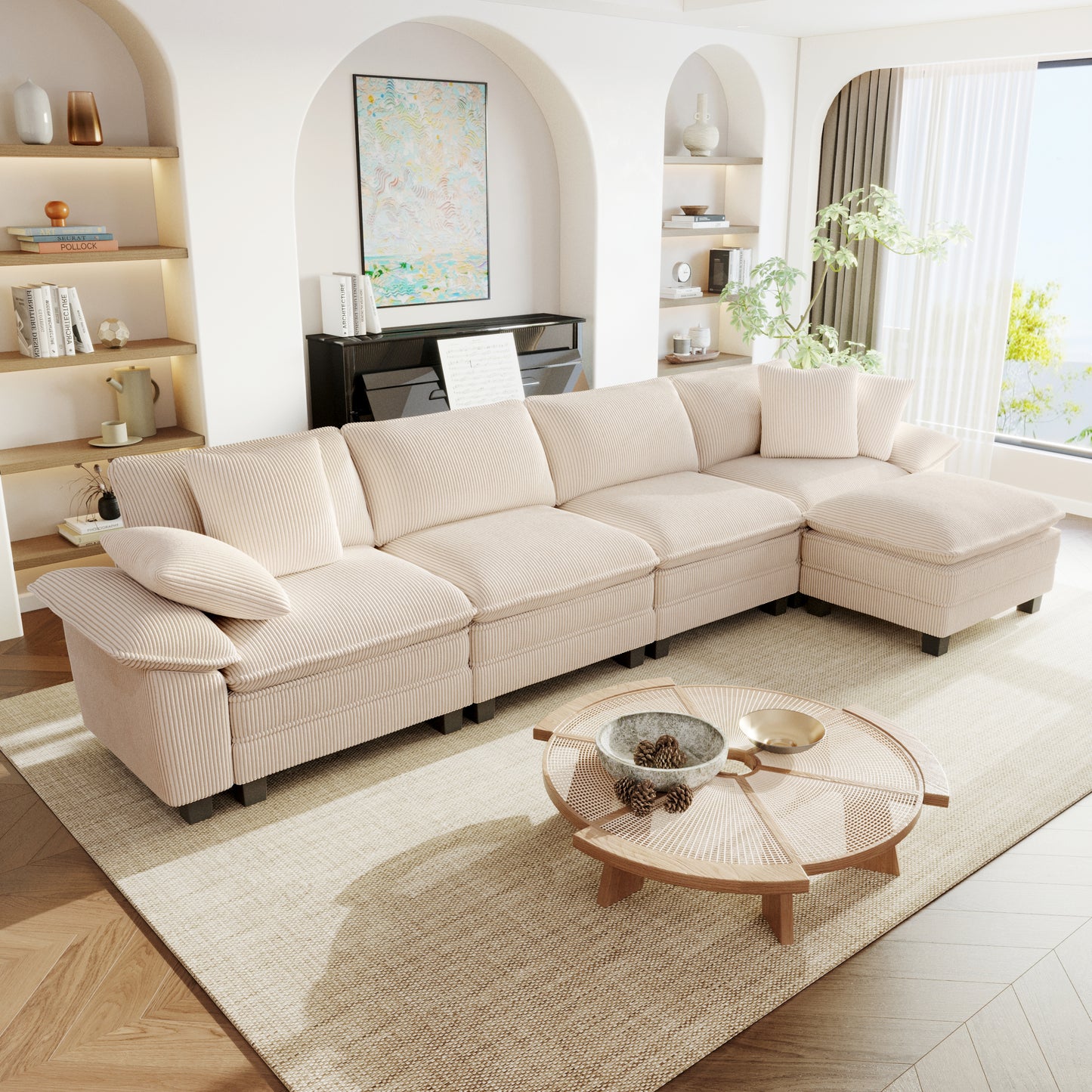 Sophia&William 157.5"L Modular Sectional Sofa Sets, Modern Chenille Couch 5-Seat Convertible Sofa with 4 Pillows & 2 Ottomans for Living Room,Beige
