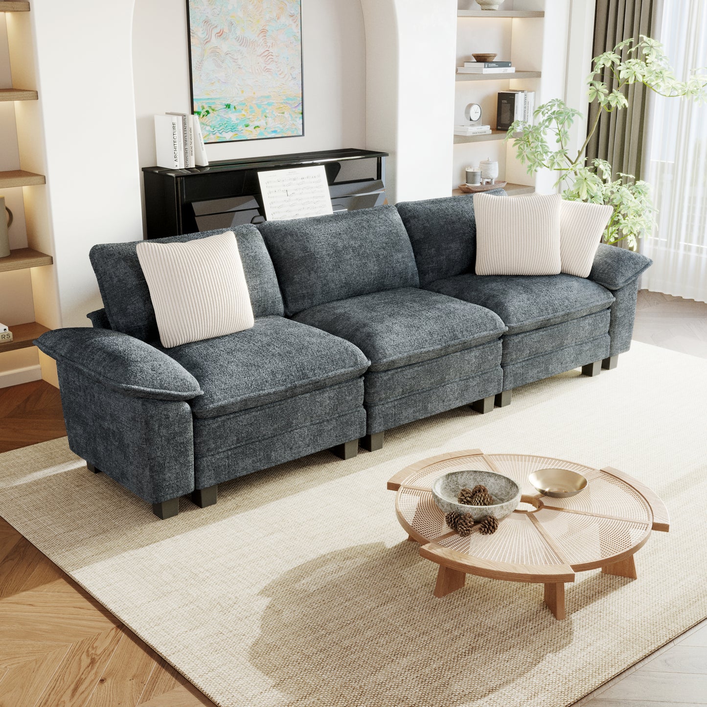 Sophia&William 3-Seat Modular Sectional Sofa Sets, Modern Chenille Couch Cloud Sofa with Oversized Seat & 3 Pillows for Living Room,Blue