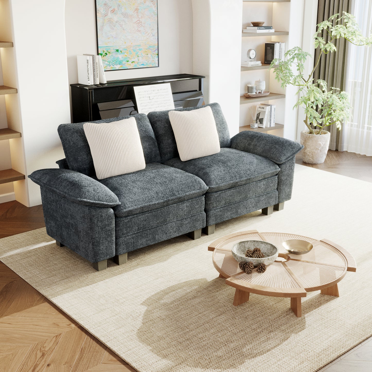 Sophia&William 87.5"L Modular Sectional Sofa Sets, Modern Chenille Couch 2-Seat Cloud Sofa with 2 Pillows for Living Room,Blue