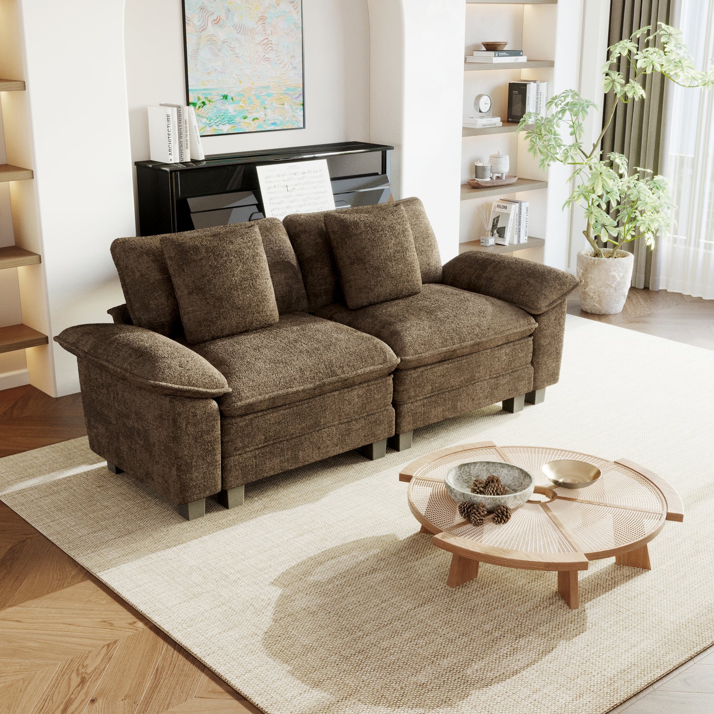 Sophia&William 87.5"L Modular Sectional Sofa Sets, Modern Chenille Couch 2-Seat Cloud Sofa with 2 Pillows for Living Room,Taupe