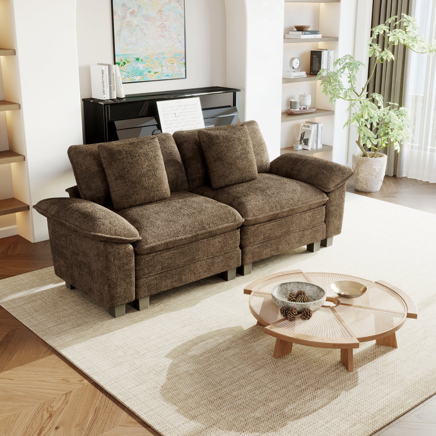 Sophia&William 87.5"LConvertible Sectional Sofa Couch, Modern Chenille Couch 7-Seat Sofa Loveseat for Living Room,Brown