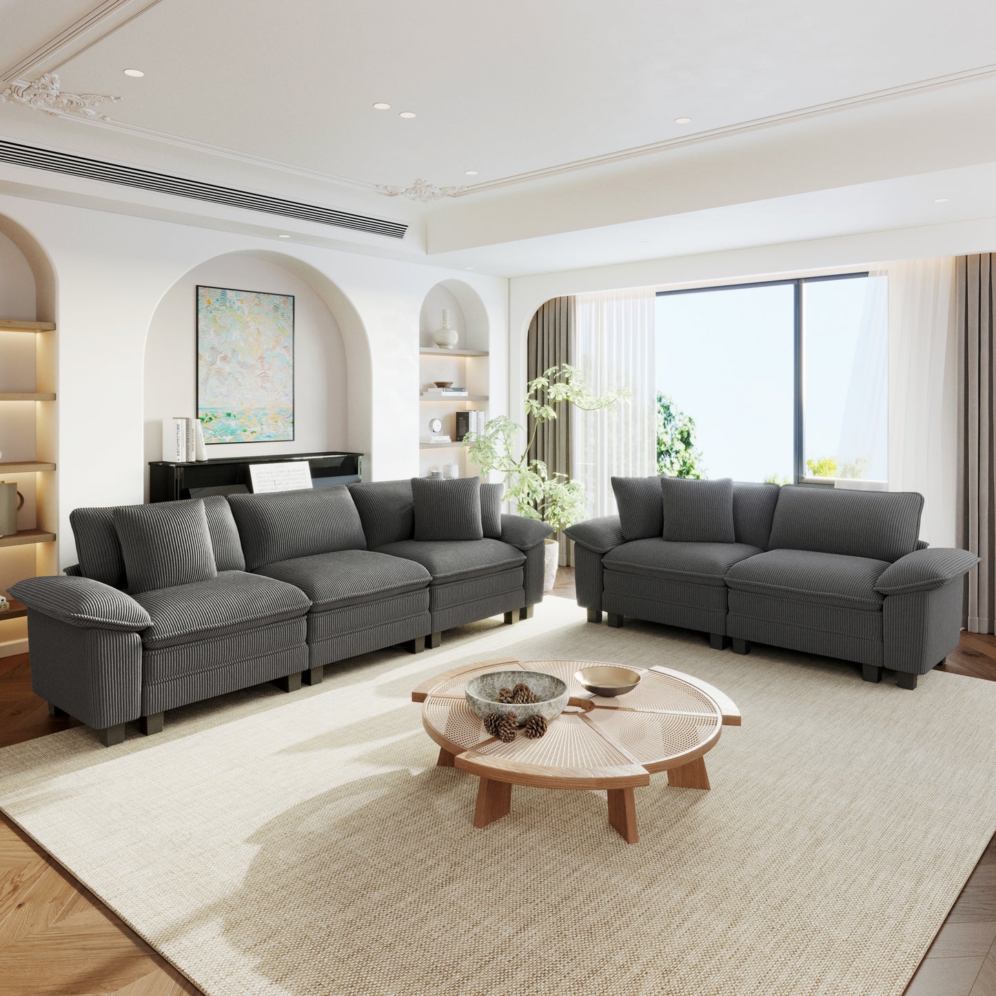 Sophia&William Sectional Sofa Sets, Oversized Cloud Couch Sofa Set 5-Seater Corduroy Modular Sofa with 5 Pilliows & Deep Seat for Living Room, Gray