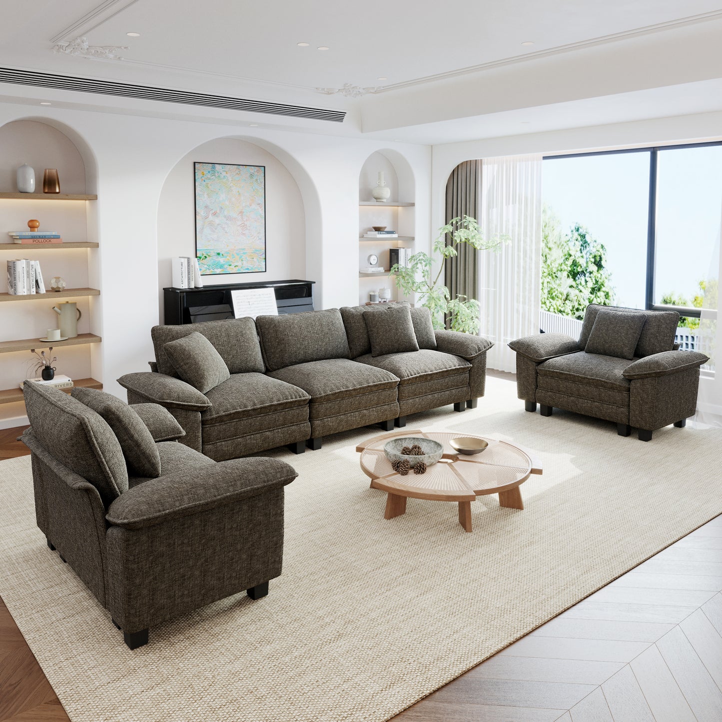 Sophia&William 123.6"L Modular Sectional Sofa Sets, 5-Seat Modern Chenille Cloud Couch Deep Seat with Corduroy Frame & 5 Pillows for Living Room, Apartment, Ash Gray