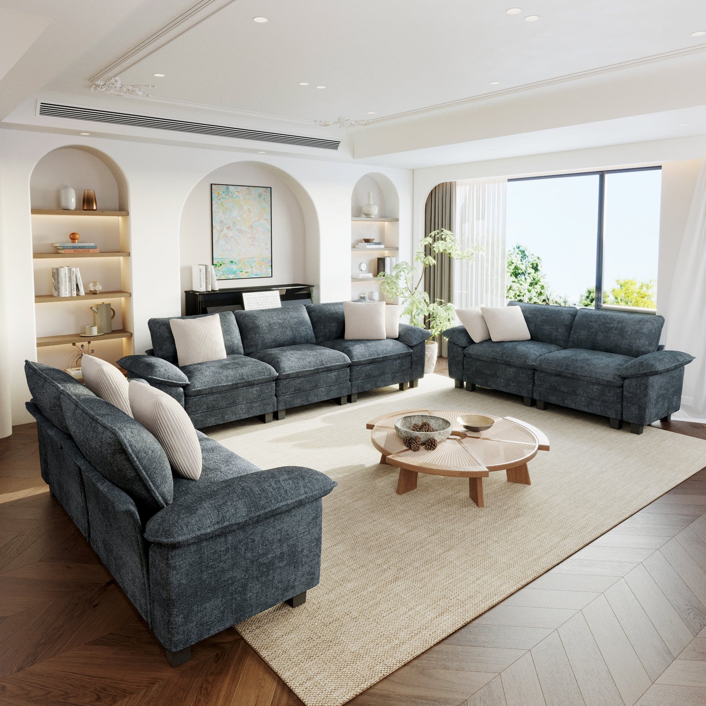 Sophia&William 123.6"L Modular Sectional Sofa Sets, 7-Seat Modern U-Shaped Cloud Couch Convertible Oversized Sofa with 7 Pillows for Living Room,Blue