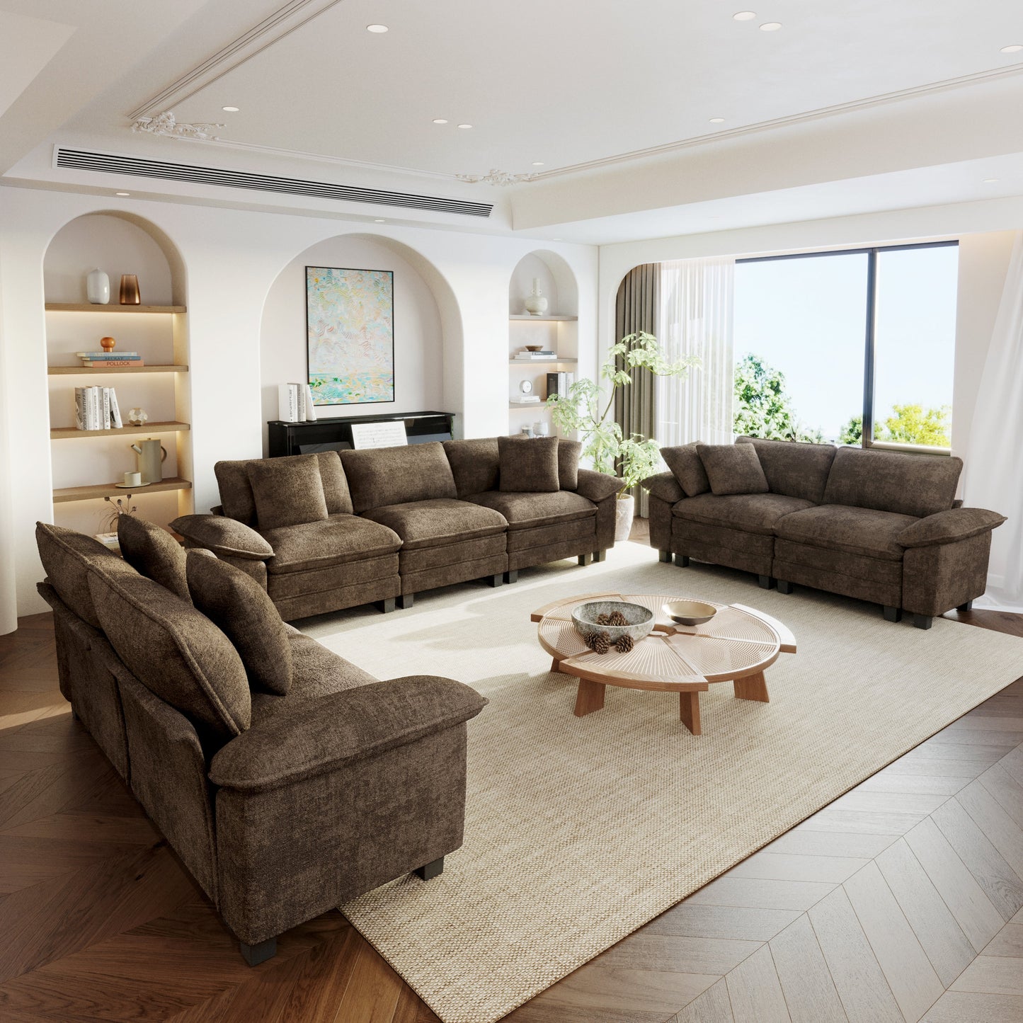 Sophia&William 123.6"L Modular Chenille Sectional Sofa Couch, 7-Seat Modern U-Shaped Cloud Couch Convertible Sofa for Living Room,Brown